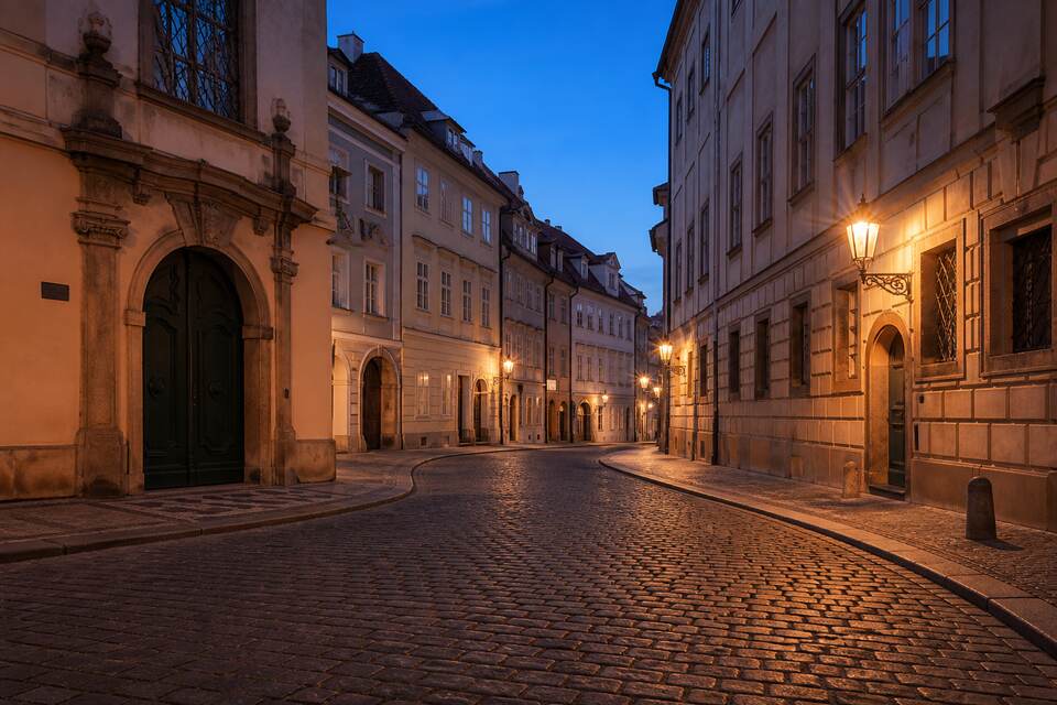 Večerní ulice v historickém centru, bez značek a bez lidí